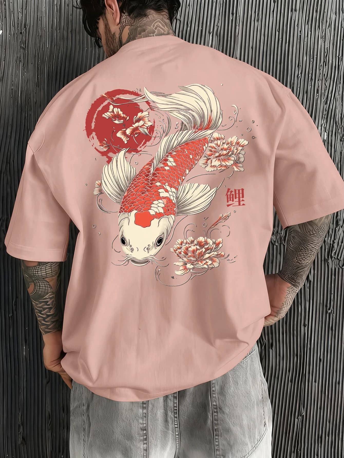 Men Oversized T-shirt Japanese Koi Fish & Peony Print Streetwear Hip Hop Casual Short Sleeve Summer Loose Tees