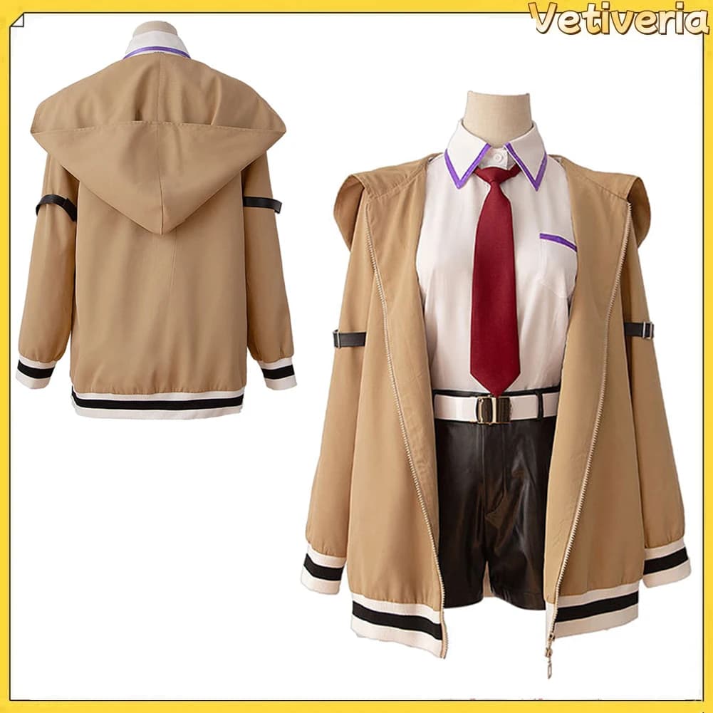 Costume Cosplay di Kurisu dal Gioco Anime, Set di Abbigliamento Steins Gate con Camicia, Pantaloncini, Cappotto e Cintura per Halloween e Carnevale