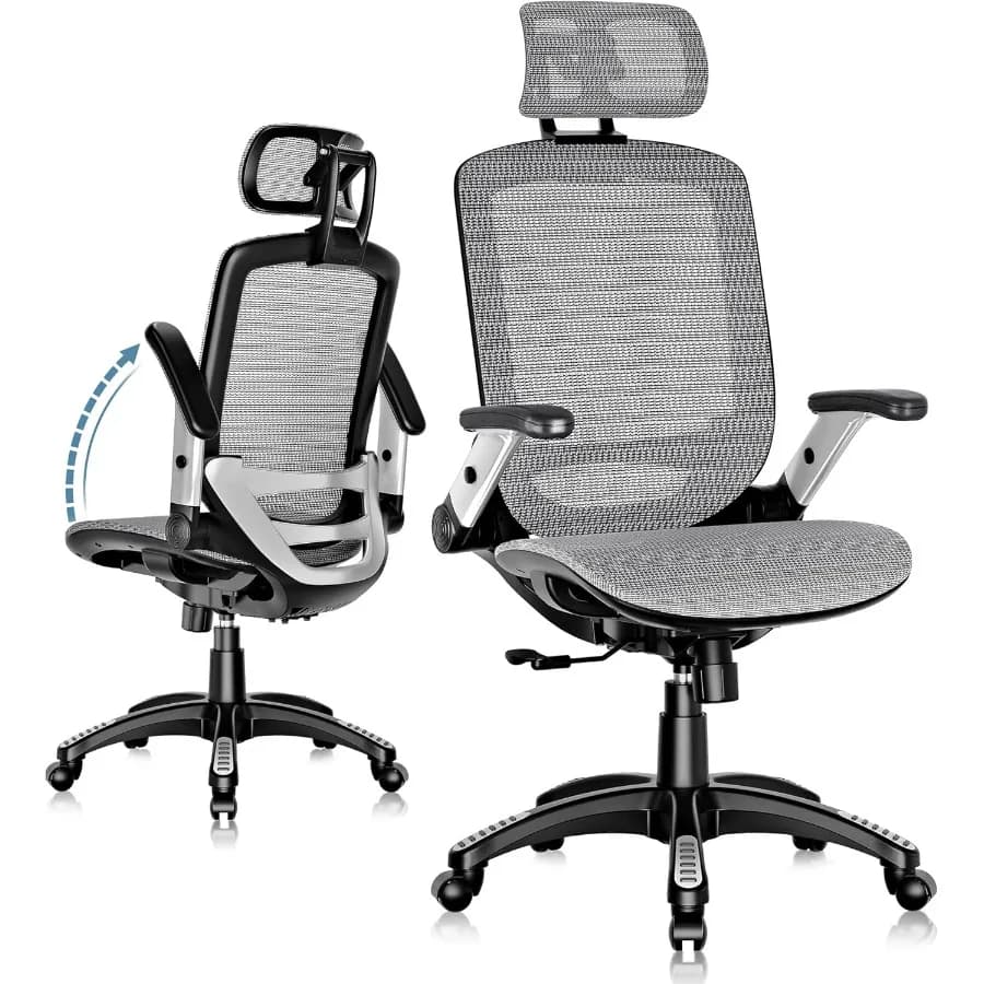 Sedia da ufficio ergonomica Sedia da scrivania per la casa con schienale alto con braccioli ribaltabili 90120 Blocco inclinabile e ampio cuscino Maglia grande e alta C