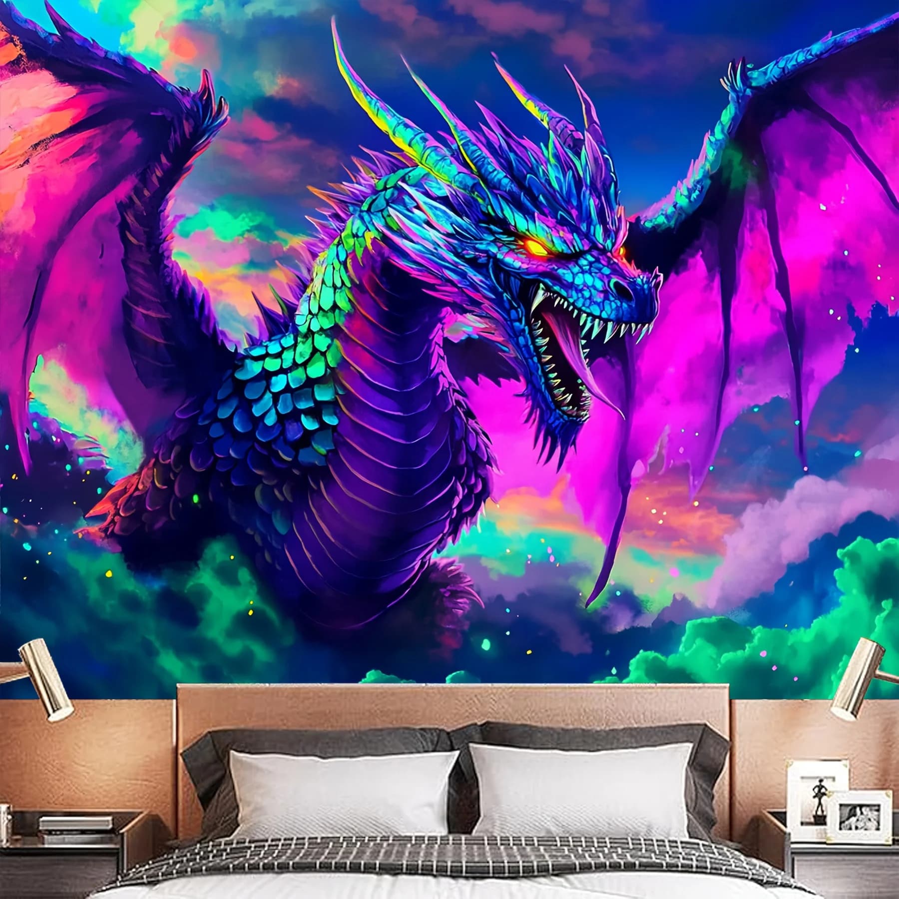 VIKAMA Fantasy Dragon Tapestry Gaming Room Decor Fantasy-Themed Living Room Feature Wall Room Accent