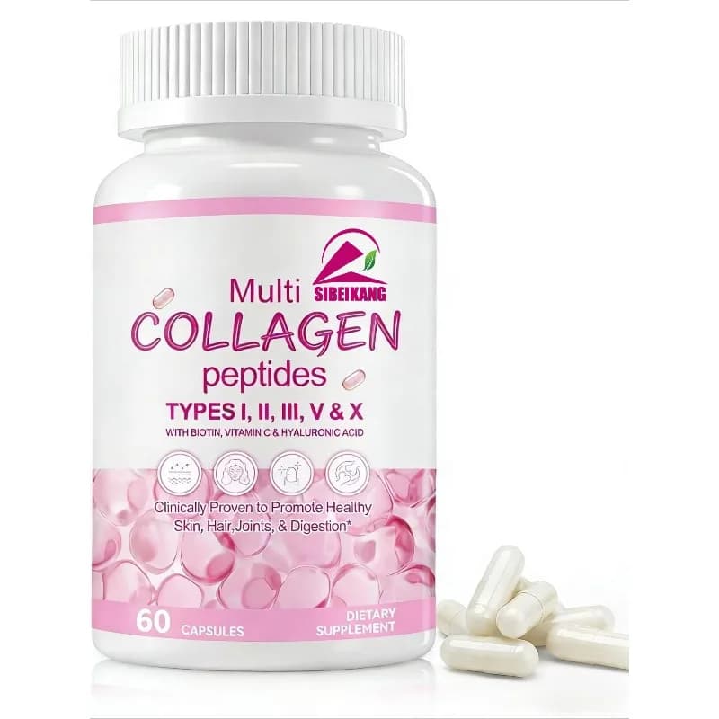 Capsule di collagene per uomo e donna con biotina, acido ialuronico e vitamina C, per il supporto della salute di capelli, pelle e unghie.