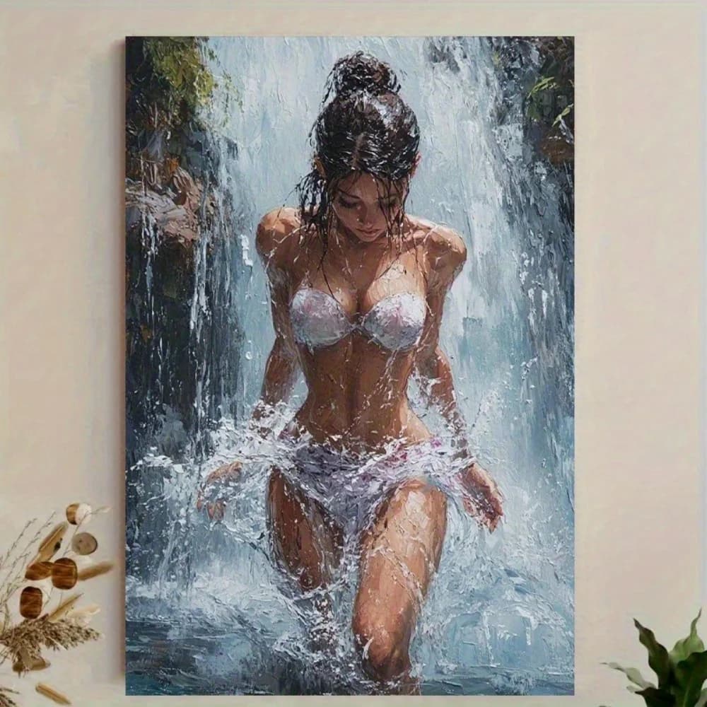 [Vibrant Canvas Print] Vibrant Modern Watercolor Elegant Waterfall Scene Canvas Print | Frameless Fashion-Themed Home Decor, Nat