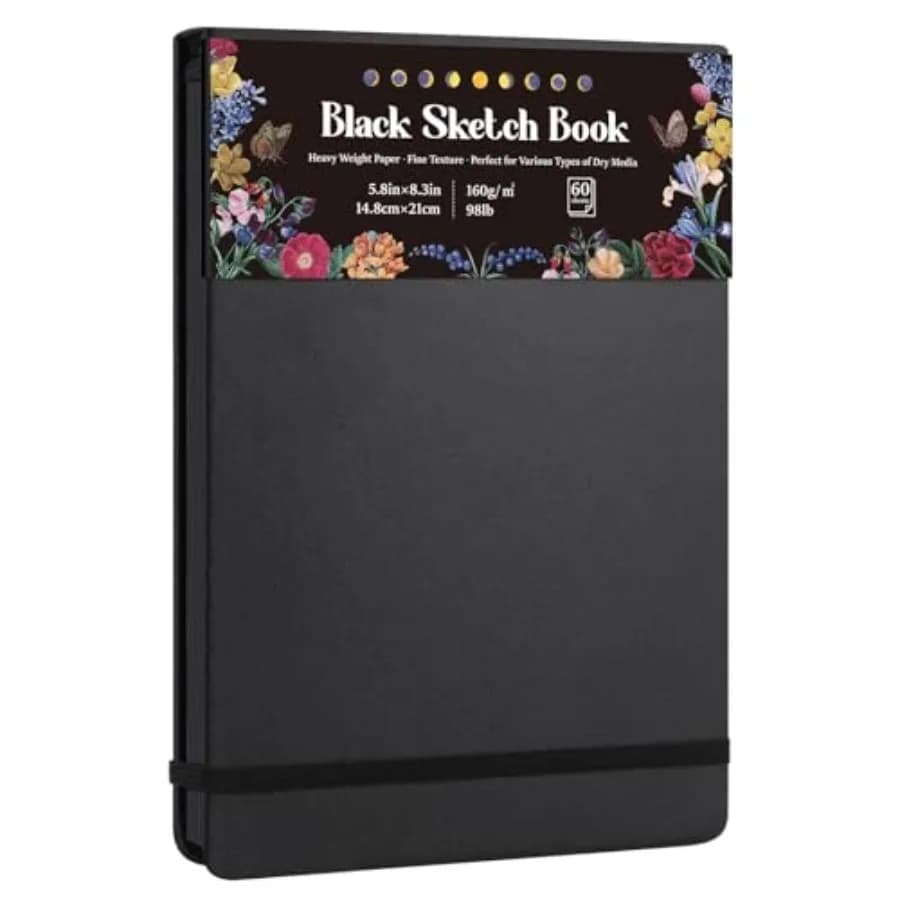 50 Sheets Black Paper Sketchbook, 98lb/60gsm Heavyweight Black Sketch Pad, Acid-Free Drawg Paper, Spiral Bound Sketch Book for,