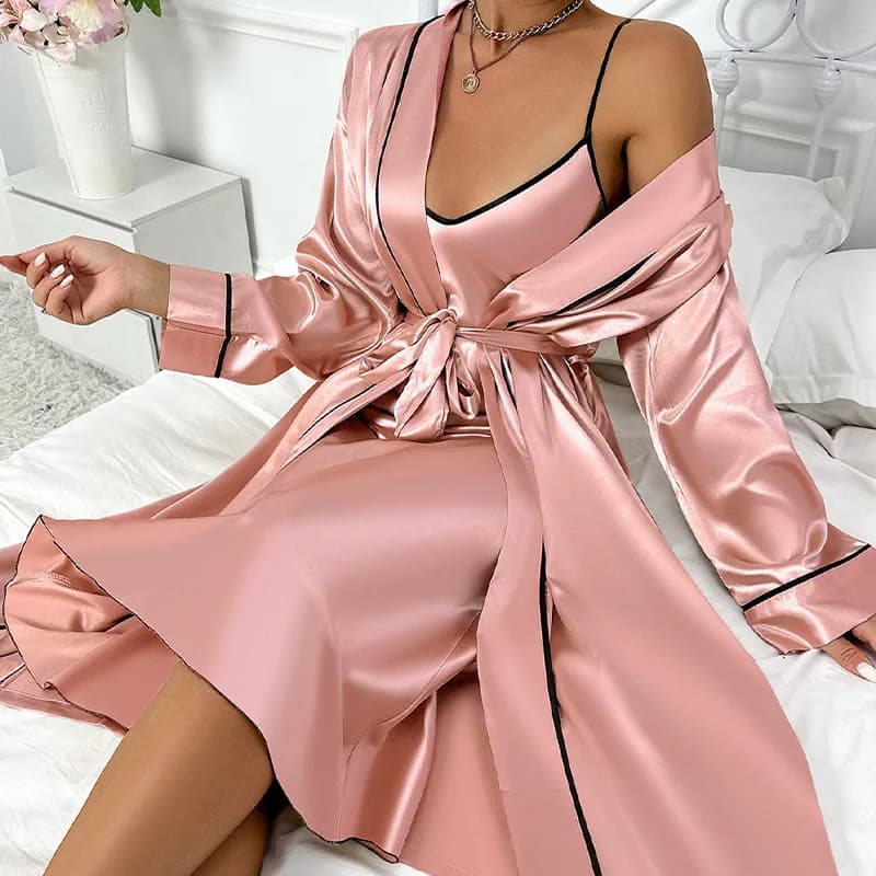 Pink 2 pieces robe nightdress woman rayon kimono nightdress and dressing gown set pyjamas pyjamas nightdress