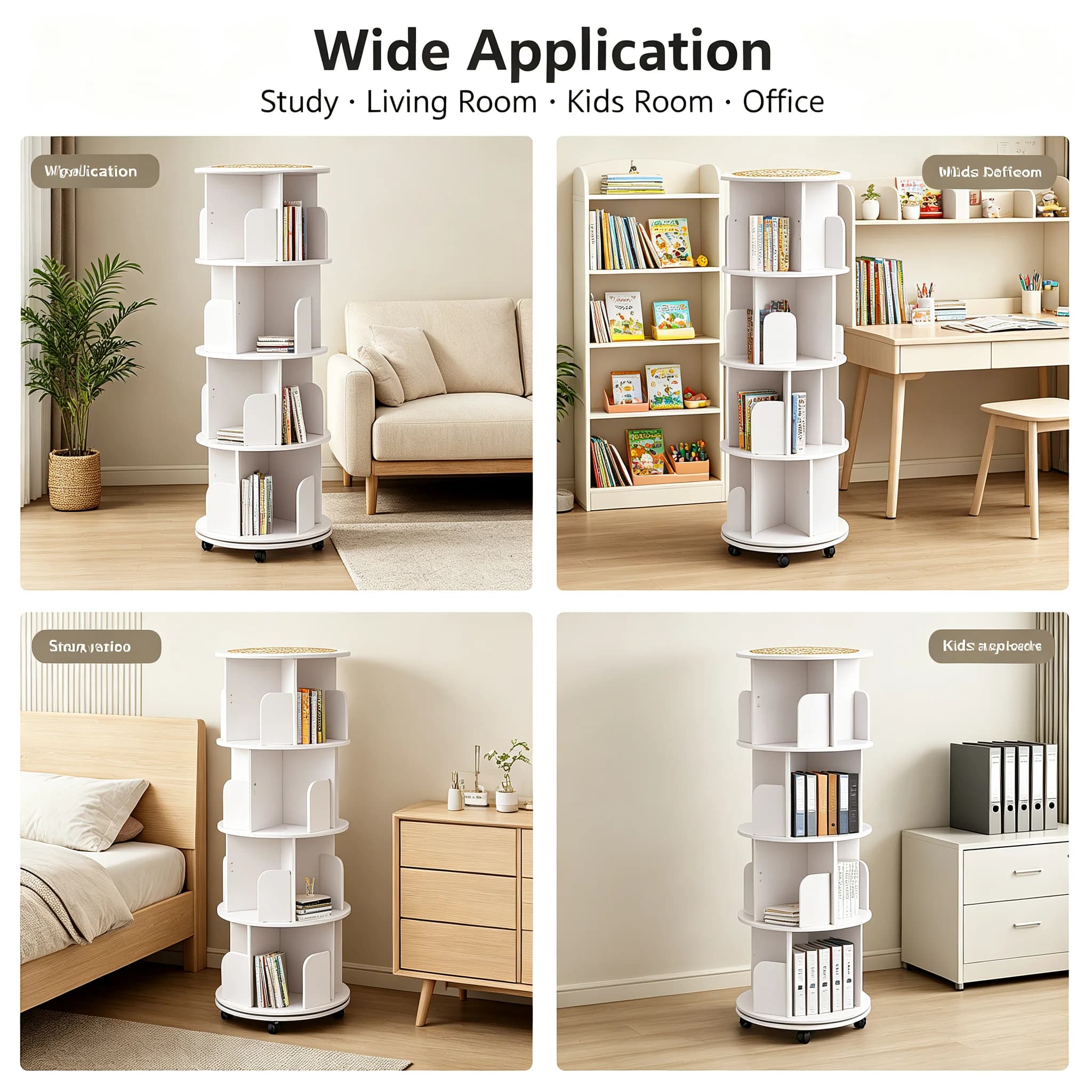 Four-Tier Rotating Bookshelf with Wheels, 360° Revolving Bookcase Display Stand for Living Room Study, Round Base Storage Rack with Brakes, White