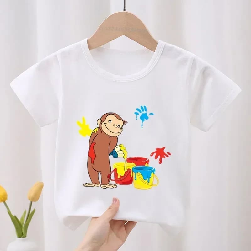 Curious George Monkey Print T-shirt, Short Sleeve, Kids Summer Clothing, Baby Clothing, Boys and Girls, Friendly Animal Theme Clothes
