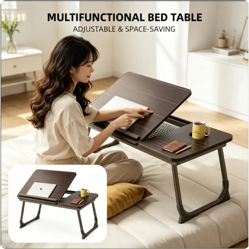 Tavolino Pieghevole da Letto, Vassoio Portatile per Colazione con Portabicchieri, Supporto per Laptop per Divano, Comodino, Casa e Ufficio