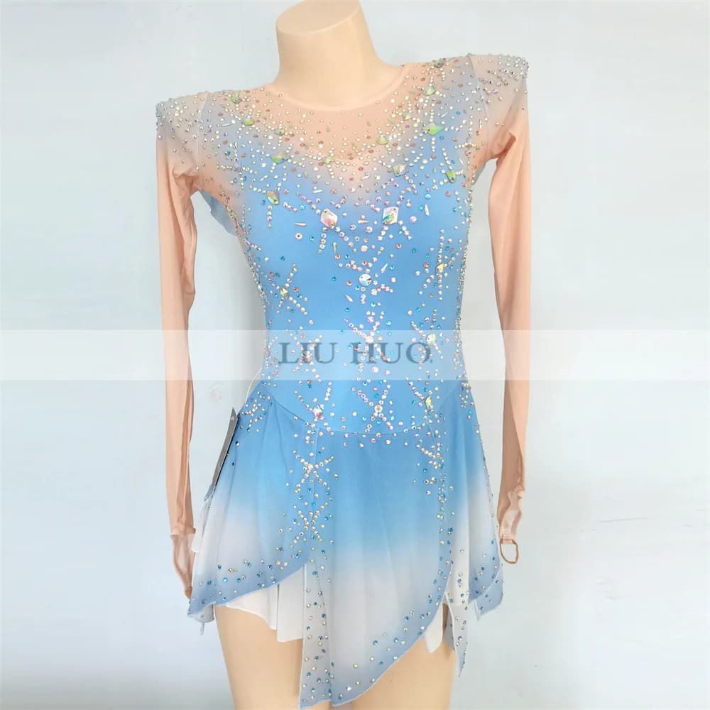 LIUHUO Donne Aldult Ragazza Personalizza Costume Prestazioni Concorso Body Pattinaggio di Figura sul Ghiaccio Vestito Danza Blu Sfumato BD1110
