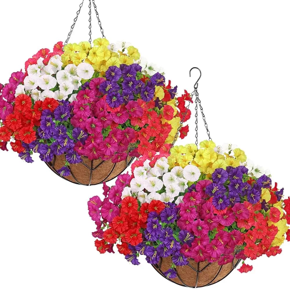 Fiori Artificiali Pendenti in Cesto per Esterni e Interni, Set di 2 Fiori Finti in Seta Fucsia e Glorie della Mattina, Vasi di Eucalipto Artificiale