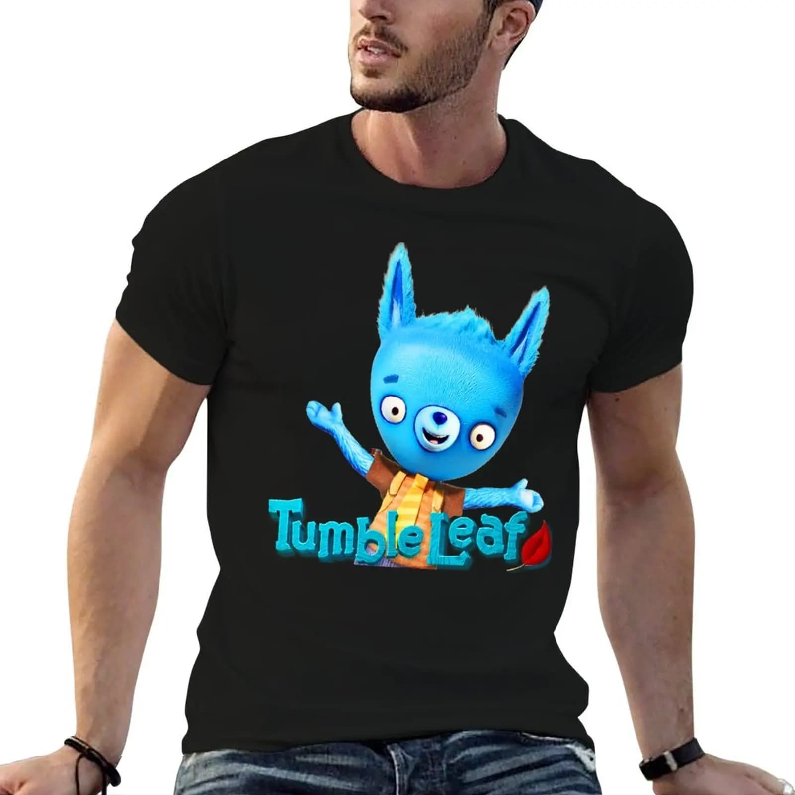 T-shirt da uomo in cotone pesante con personaggi di Tumble Leaf, stagione 5, a tema animali di peluche, per compleanno