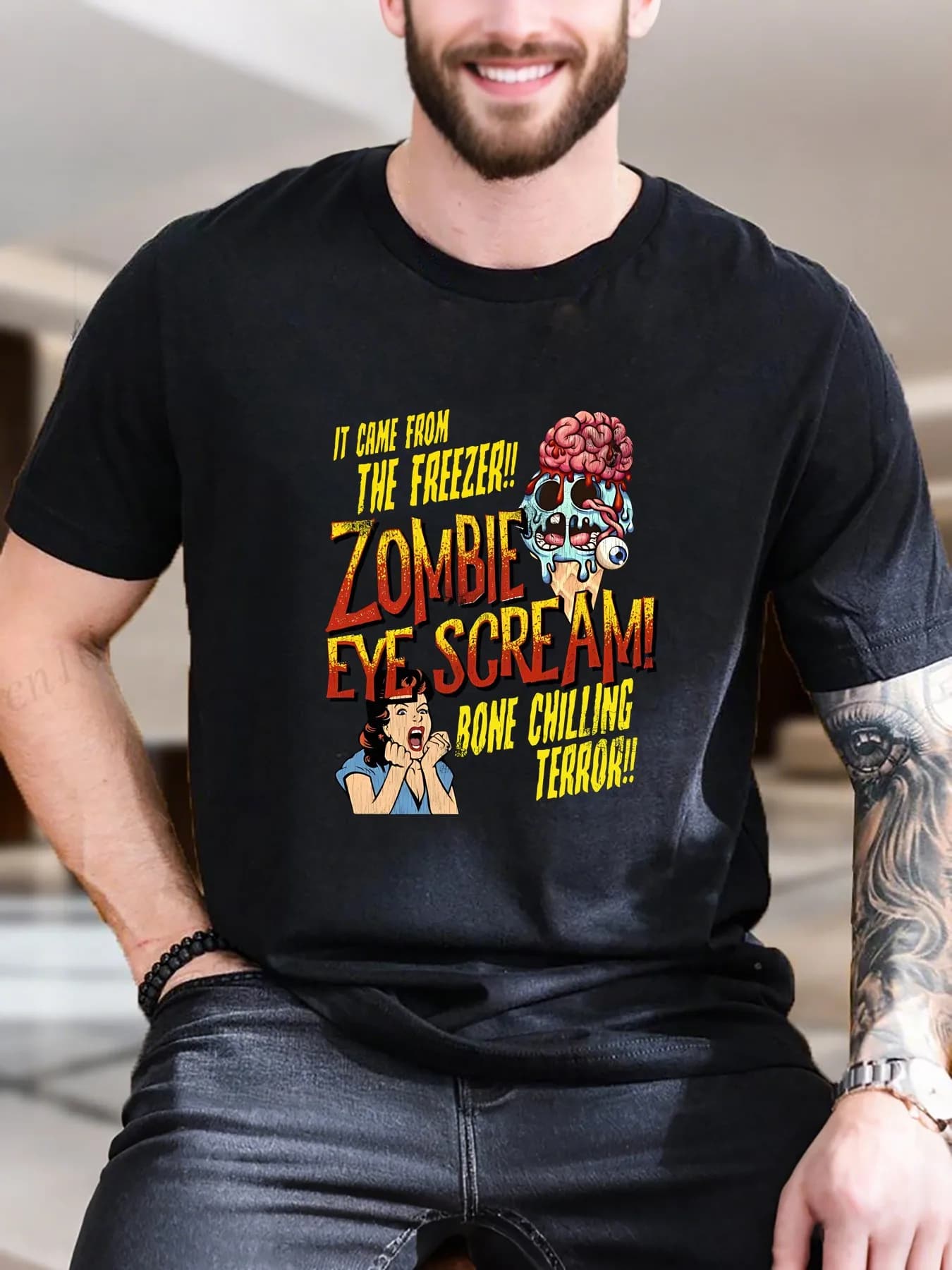 Nuovo modo di arrivo Zombie Eye Stampa T-shirt da uomo 100% cotone morbido e traspirante Trendy Horror Graphic Tee Casual Streetwear Elegante