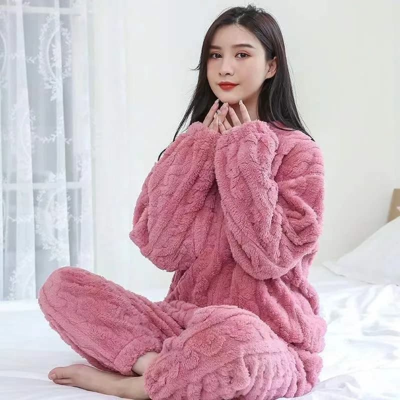 Women Coral Fleece Pajamas Winter Plus Velvet Thickened Long Sleeve Loungewear 2 PC Set Autumn Winter Loose Warm Home Wear Suit