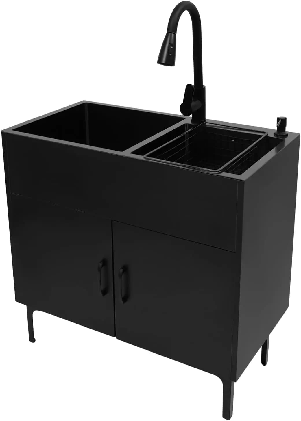 Lavello doppio in acciaio inox con mobiletto, rubinetto estraibile, gocciolatoio e dispenser sapone per cucina, garage o base cucina