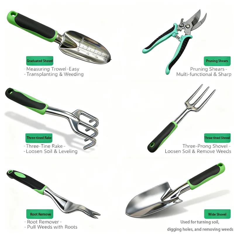 6Pcs Garden Tool Set, 3-Prong Rake, Wide Shovel, Root Extractor, Graduated Shovel and Pruning Shears for Planting and Trimming