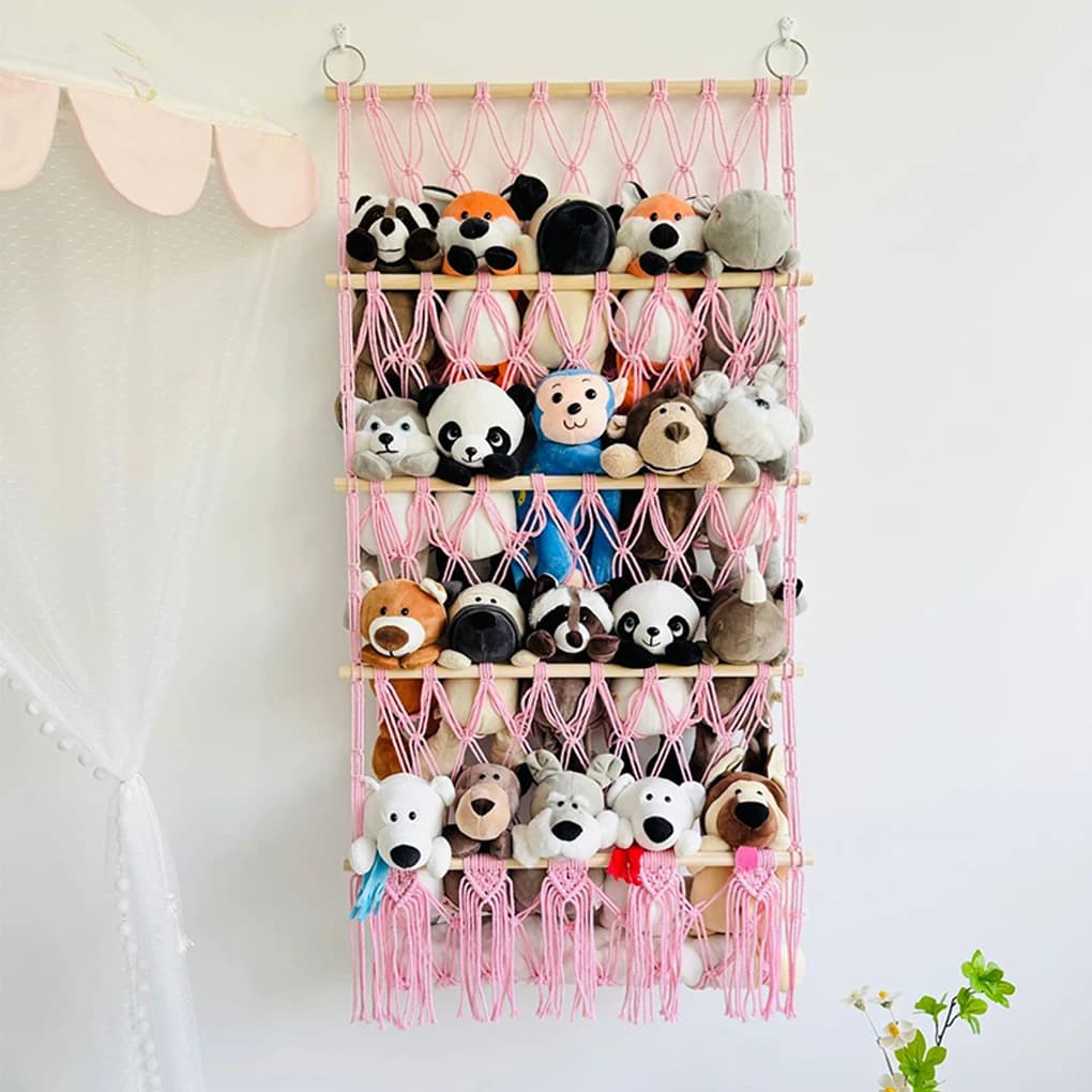 Stuffed Animal Storage Woven Net Bohemian Toy Shelf For Stuffed Animals 4 Tier Hammock Wall Stuffed Animal Toy Hanging Organizer