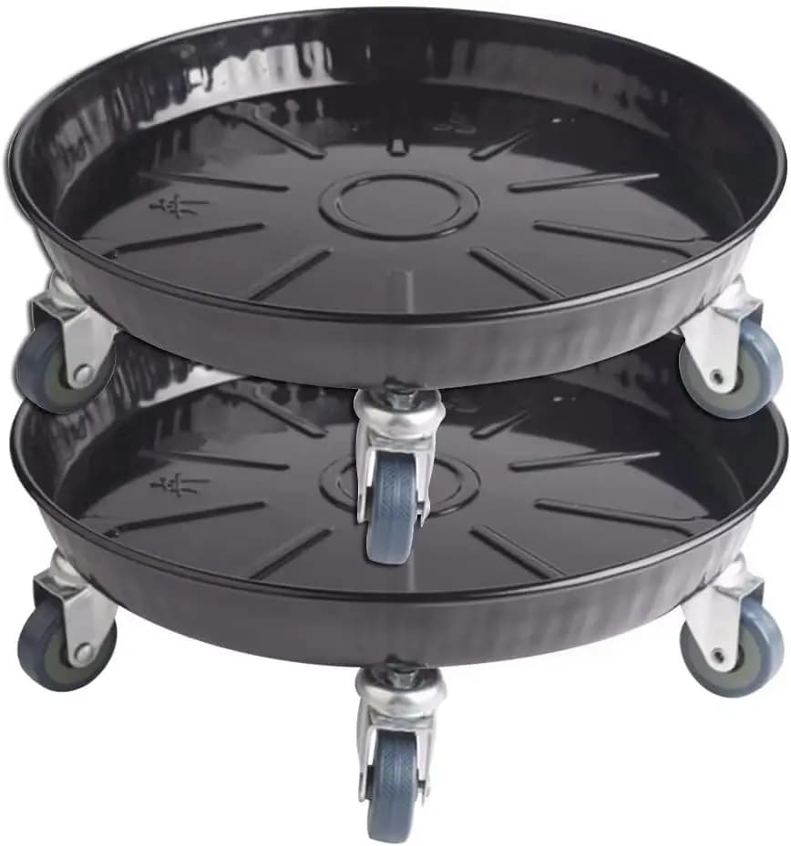 Round Metal Plant Caddy with Lockable Wheels, Heavy Duty No Holes Tray, Black