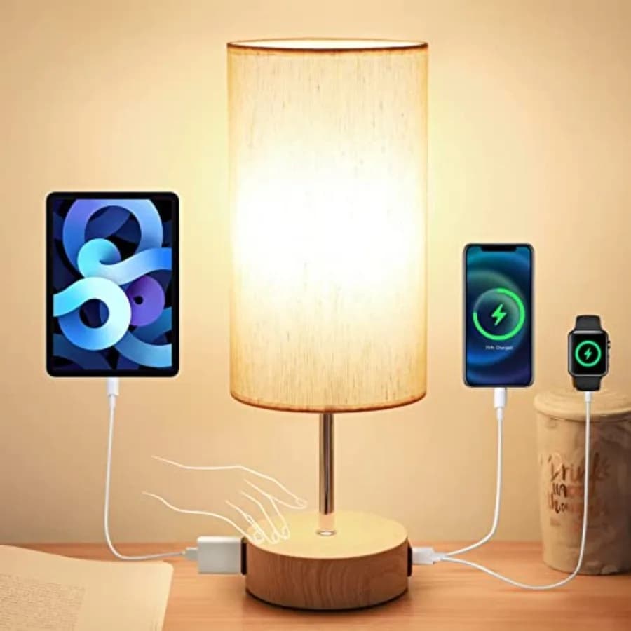 Lampada da Comodino con Porte di Ricarica USB A+C e Presa AC, Lampada da Tavolo con Controllo Touch per Camera da Letto, Lampada da Comodino Dimmerabile a 3 Livelli