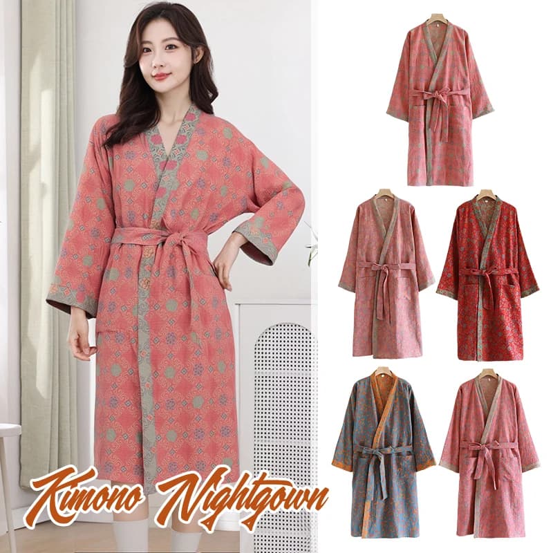 Women Cotton Kimono Bathrobe Spring Autumn Morning Robes Loose Home Wear Sleep Dressing Yarn-dyed Jacquard Nightgown Gowns