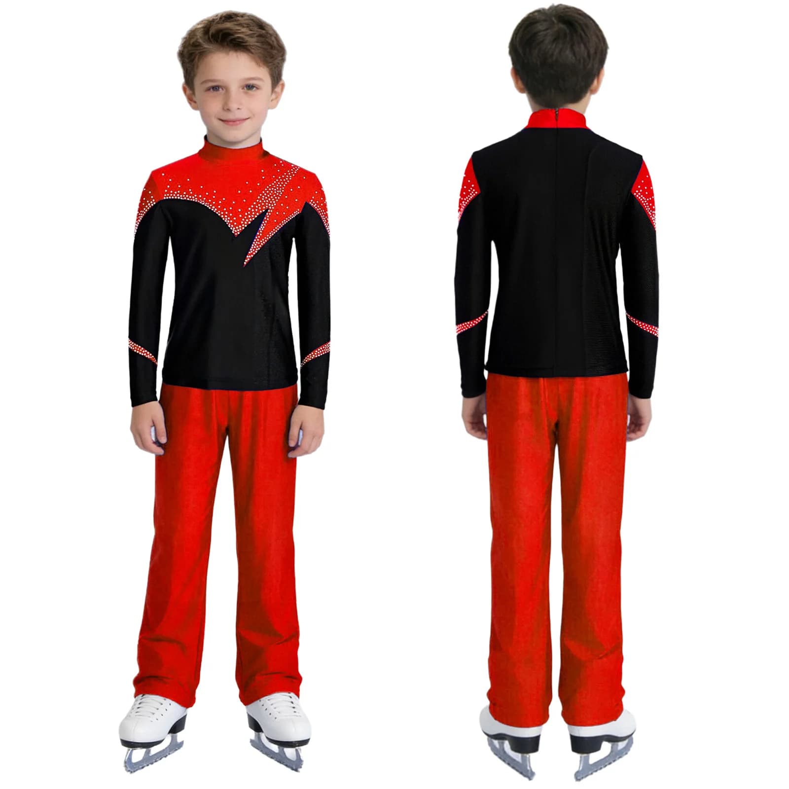 Costume da Pattinaggio Artistico per Ragazzi con Strass, Maglietta a Maniche Lunghe con Zip e Pantaloni per Ginnastica, Danza Latina e Tango