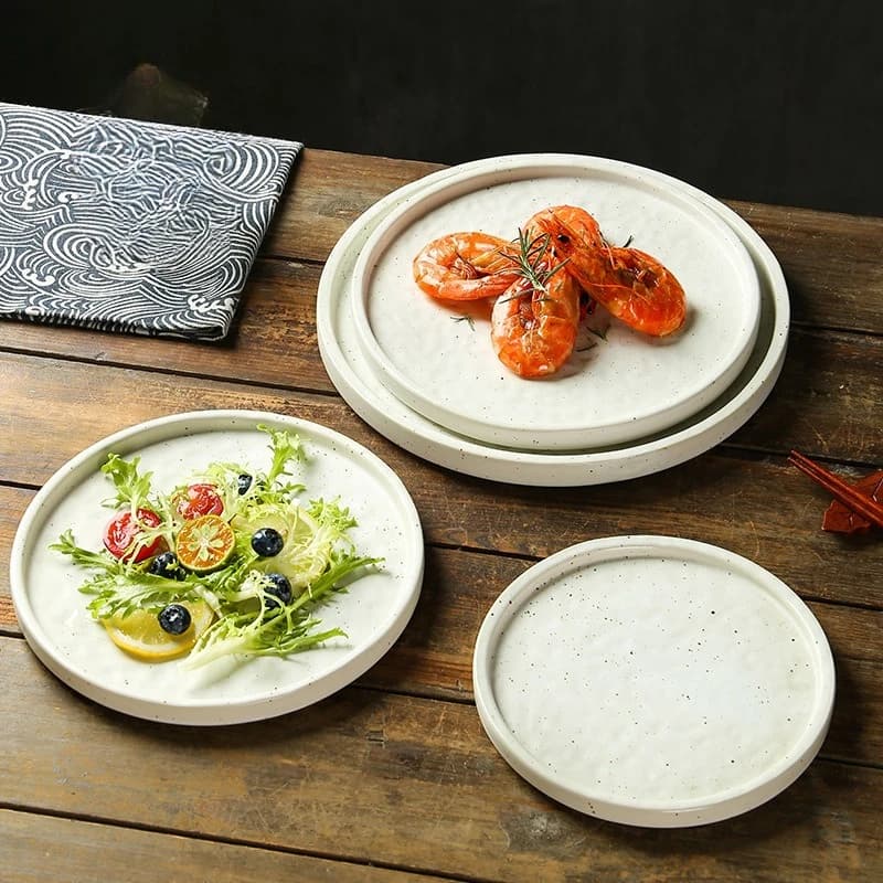 Stone Textured Japanese Ceramic Round Plate Commercial Western Tableware Pasta Pizza Serving Tray Home Decor Gift