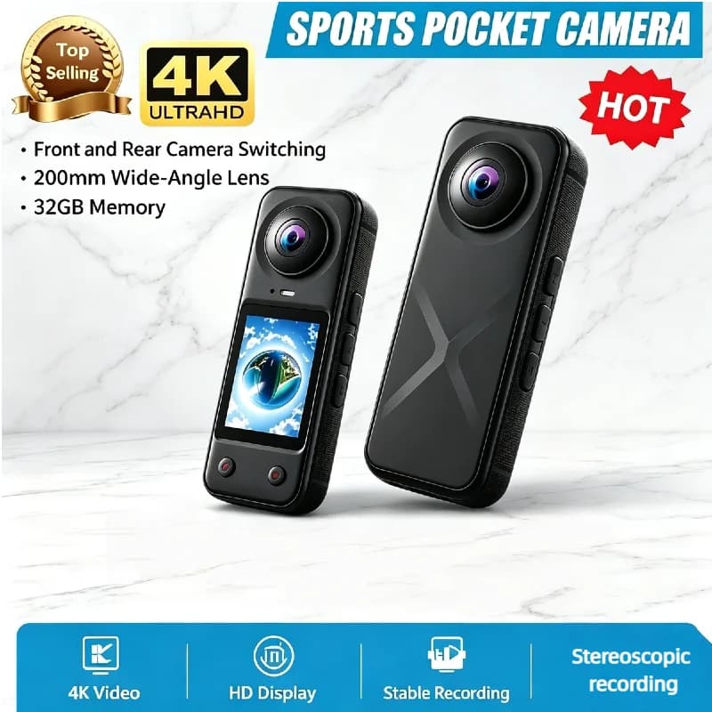 X5 Pro Pocket Action Camera 200° Wide‑Angle Lens 2.0" 4K HD Vlog Camera Slow Motion 1500mAh Handheld Cam For Outdoor Travel