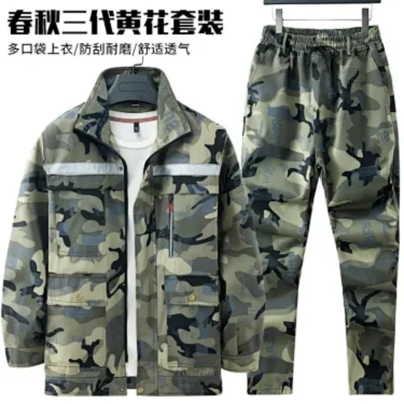 Men Spring Autumn Camo Workwear Set Reflective Stripe Multi Pocket Wear Resistant Breathable Jacket And Pants