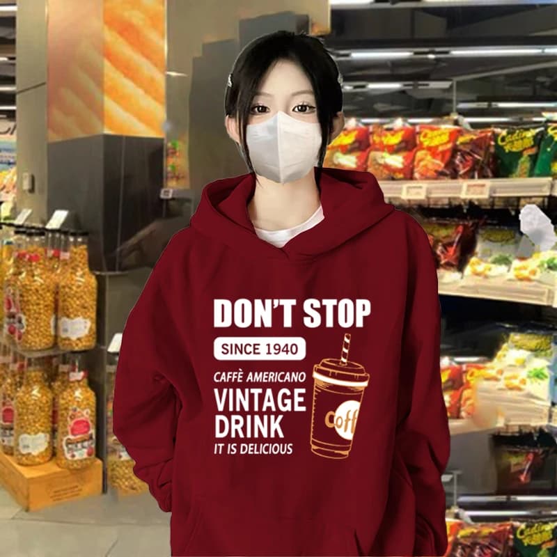 Women's Hoodie Jacket Wine Red Oversized American Retro Design Spring Autumn Loose Top Comfortable Fit Long Sleeve Crew Neck