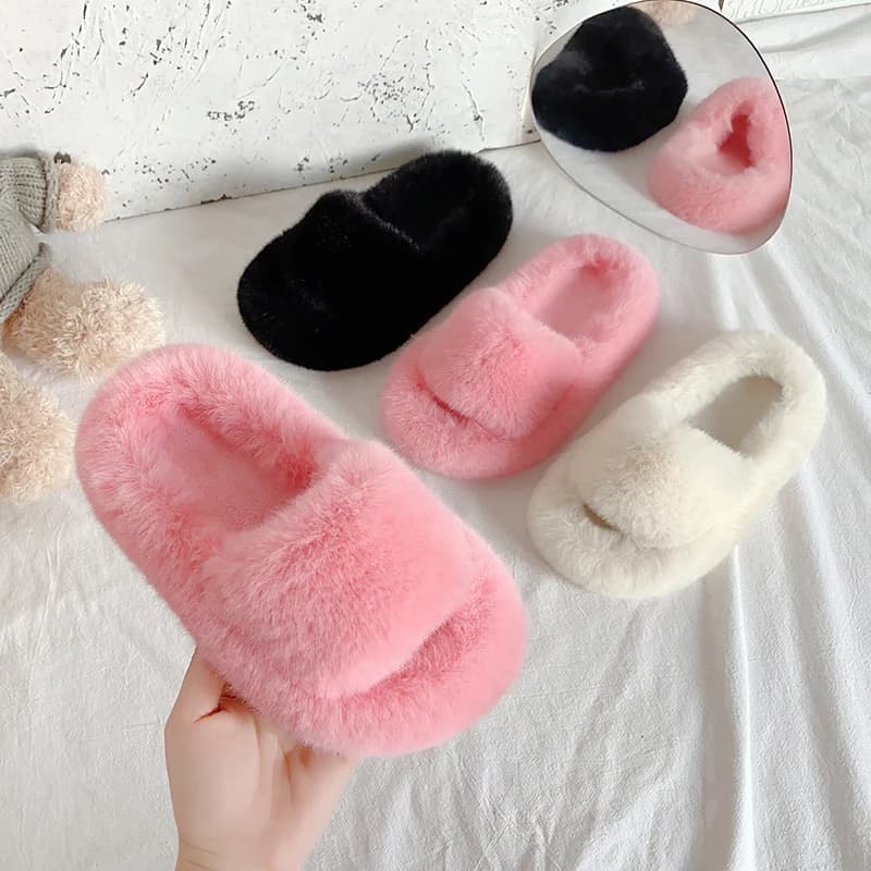 Pantofole per bambini Ragazze Scarpe aperte in pelliccia di peluche Scarpe per bambini Soild Caldo per interni Fondo in gomma antiscivolo Pantofola in cotone multi-stile
