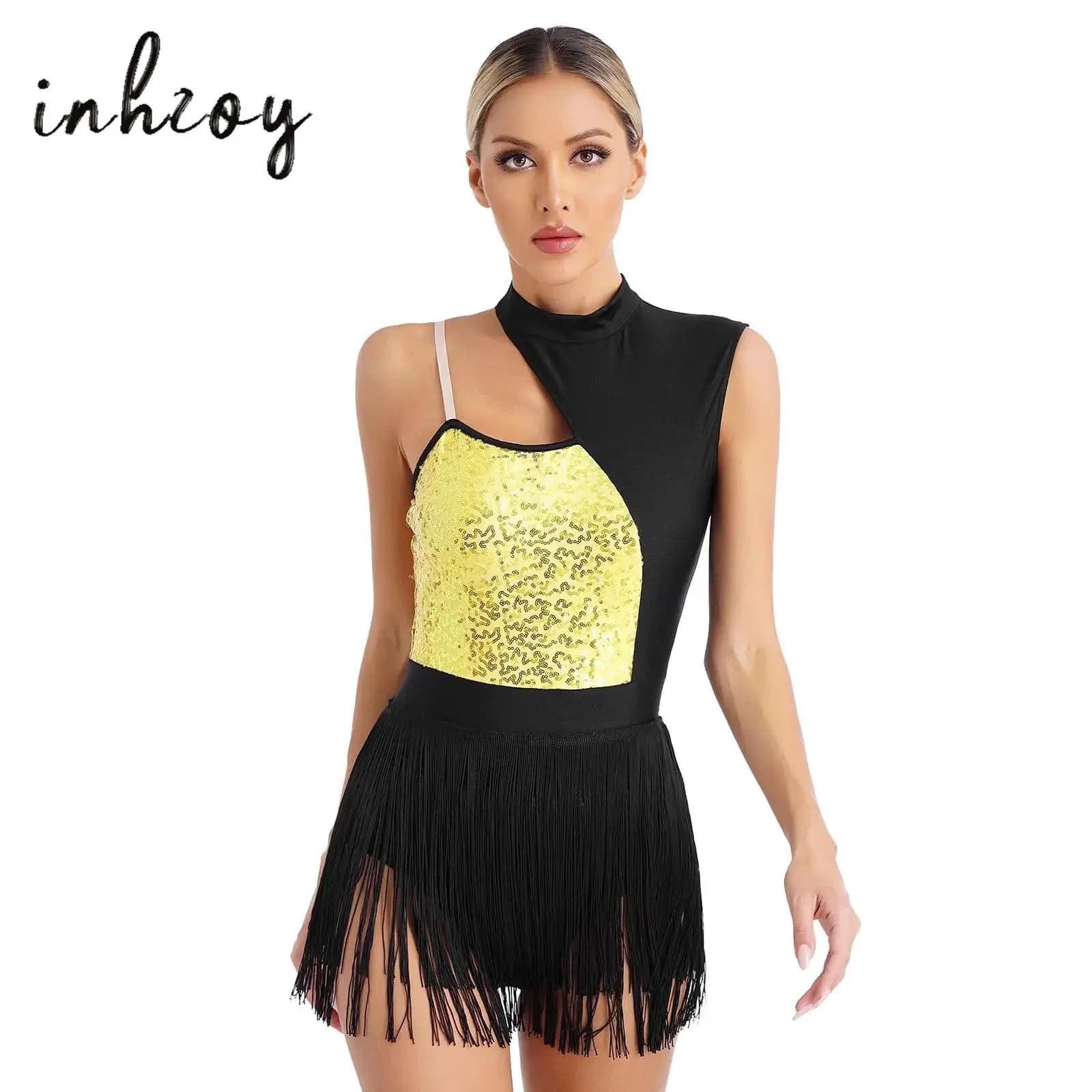 Costume da ballo di pattinaggio di figura con paillettes scintillanti da donna, tango latino, rumba, vestito da ballo, body con frange, abiti da spettacolo