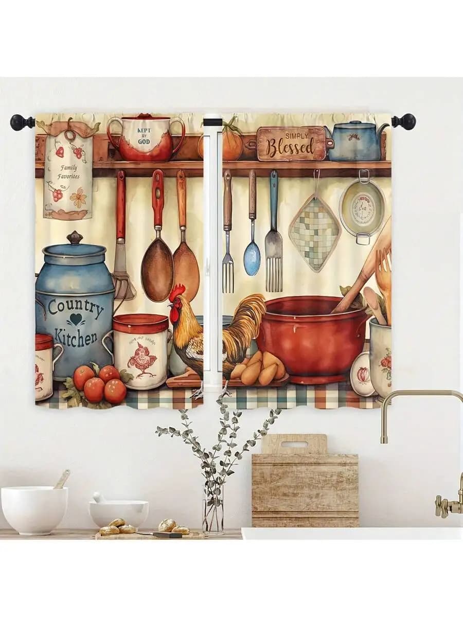 2 Panel 28x40 Inch Rod Pocket Curtains Rustic Farmhouse Kitchen Cafe Window Drapes Vintage Rooster Chicken Design