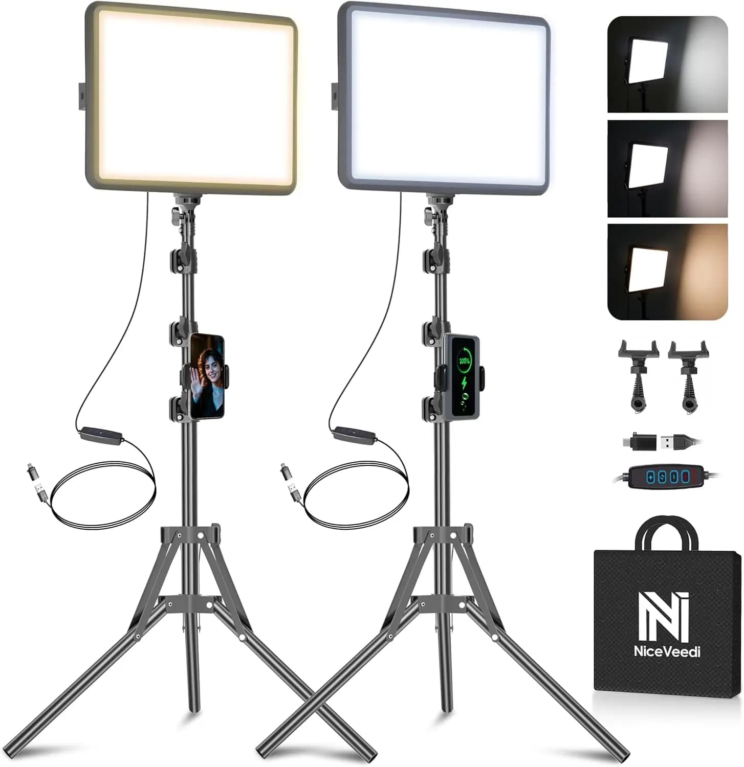 2 LED Lights for Video, 2800-6500K Dimmable Studio Lighting with Tripod and Phone Support for Streaming and Recording