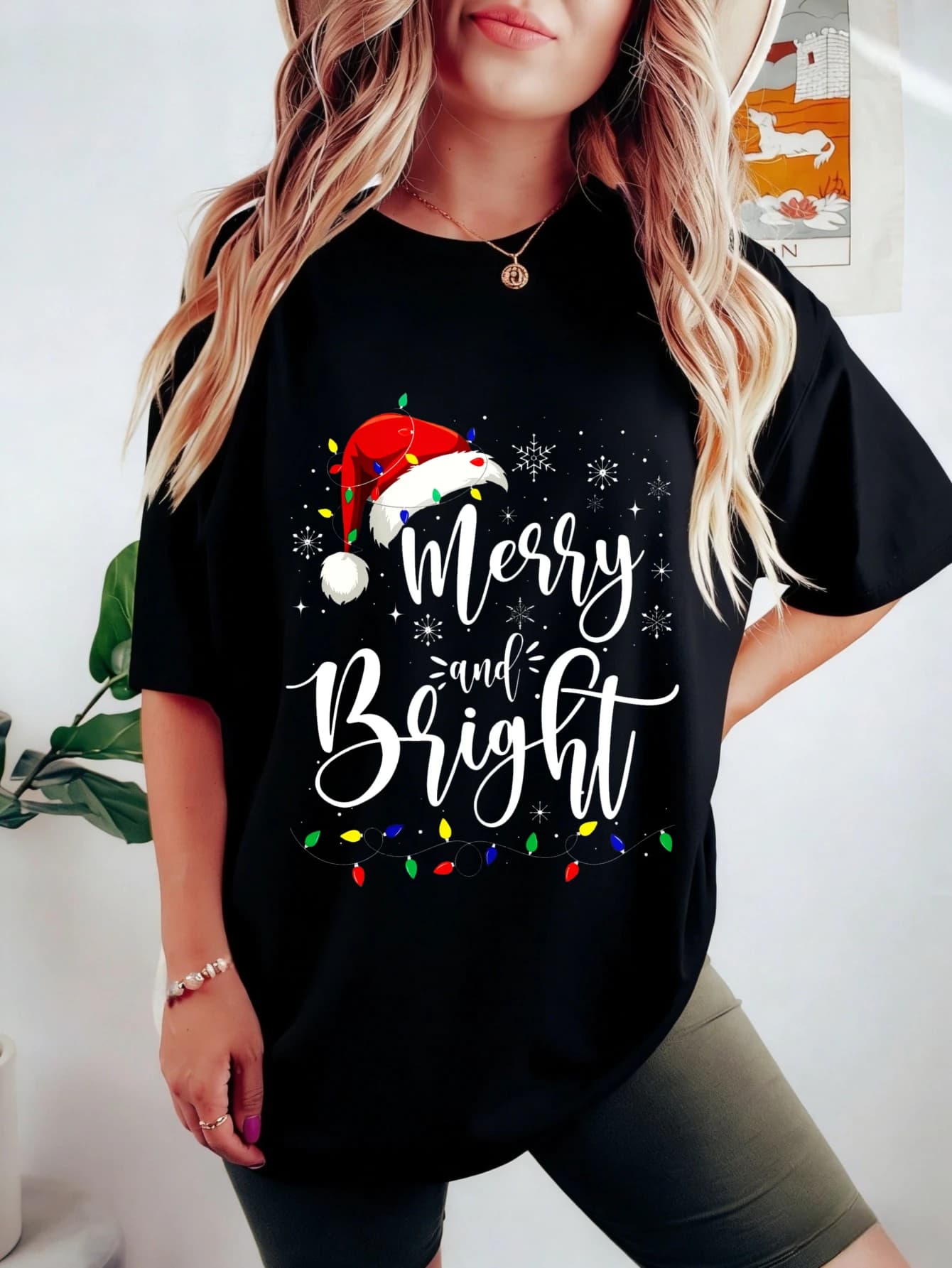 T-shirt in cotone da donna con grafica natalizia 'Merry & Bright', casual a maniche corte, per l'uso quotidiano estivo, regalo per lei