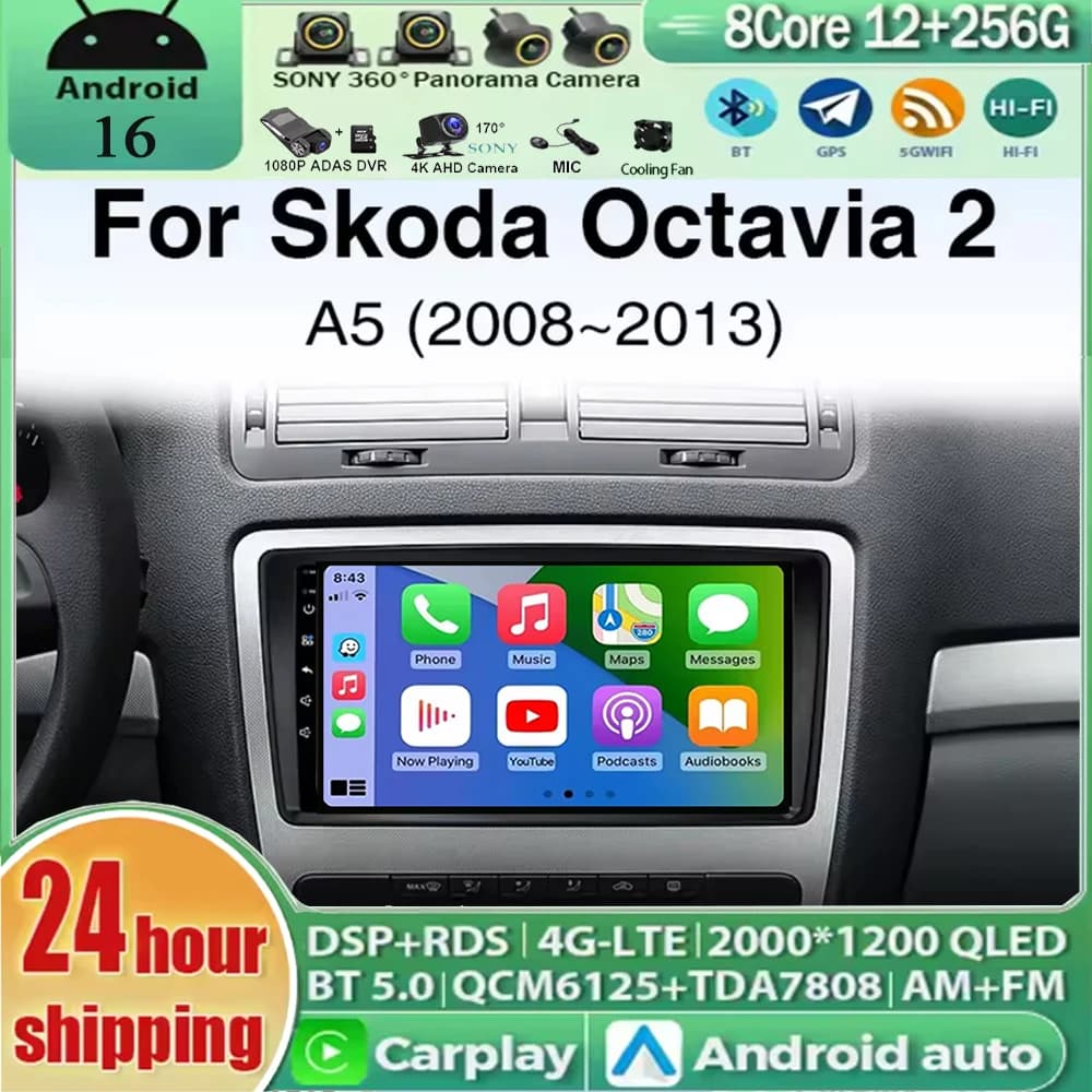 For Skoda Octavia A5 2 2008 2009 2010 2011 2012 2013 Android 16 Car Radio Multimedia Player Android Auto Carplay Head Unit Navig