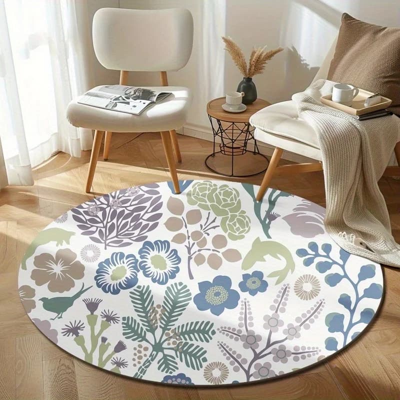 Tappeto Rotondo con Motivi Floreali e Botanici, Morbido in Flanella per Soggiorno e Camera da Letto, Tappetino Decorativo per Casa, Ufficio, Yoga e Meditazione