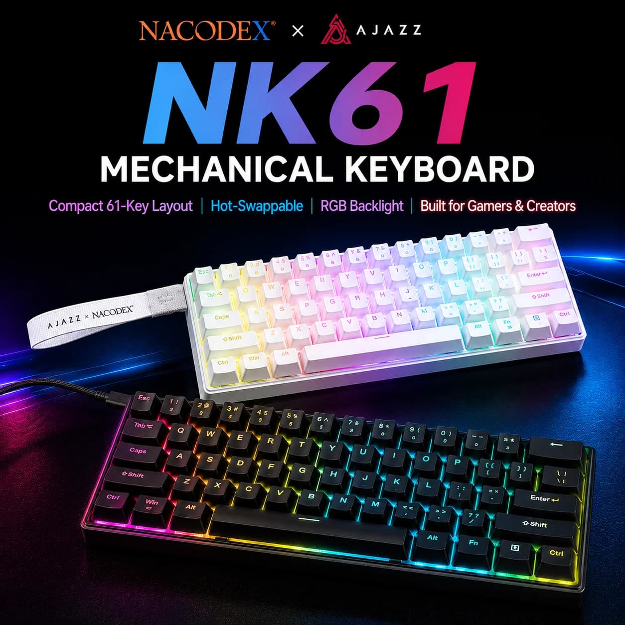 AJAZZ NK61 Wired Game Mechanical Keyboard 60% RGB Hot Replaceable 61 Keys Mini Keyboard with Red Switch for PC Gamer