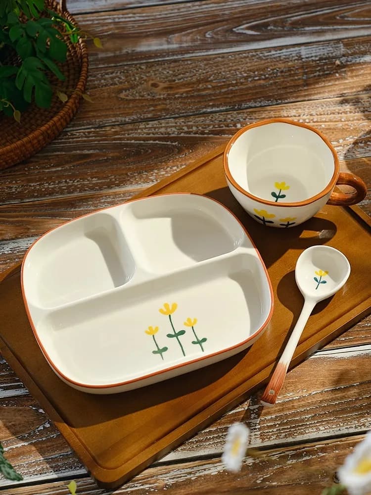 211 Three Grid Plate for Adult High-end Domestic Slimming and Adult Home Breakfast, Ceramic Subsmal Color