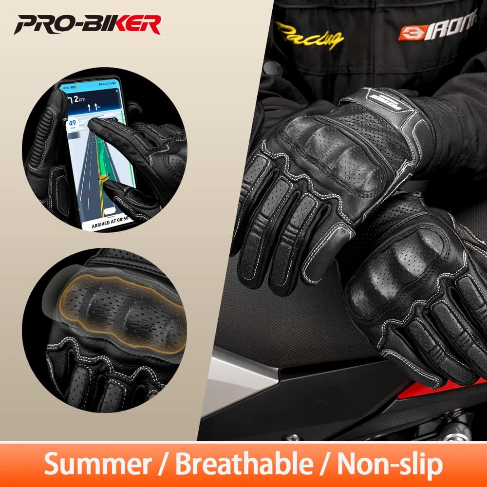 Guanti da Moto in Pelle per Uomo, Traspiranti per l'Estate, Guanti da Motocross con Touch Screen, Guanti Integrali Antiscivolo