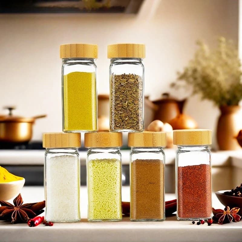 Set di 12 barattoli per spezie con coperchi in legno o in acciaio inossidabile, inclusi etichette minimaliste per spezie e imbuto pieghevole.