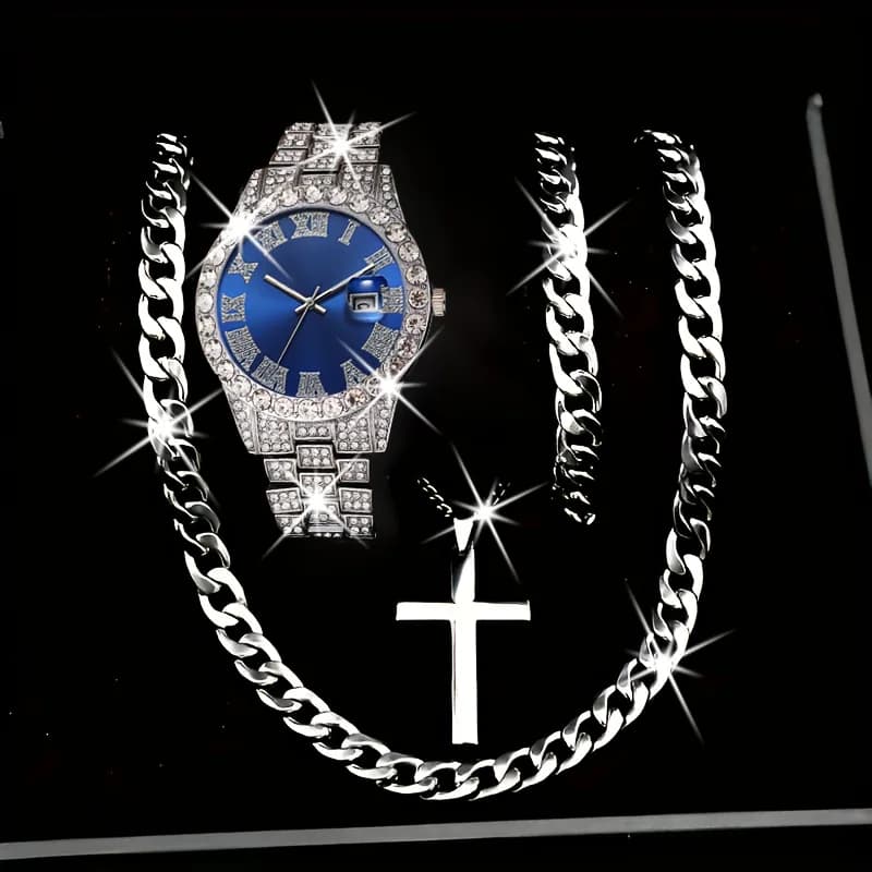 4 pcs/set men's quartz watch with luxury diamonds stainless steel strap calendar wristwatch bracelet set jewelry set (without box)