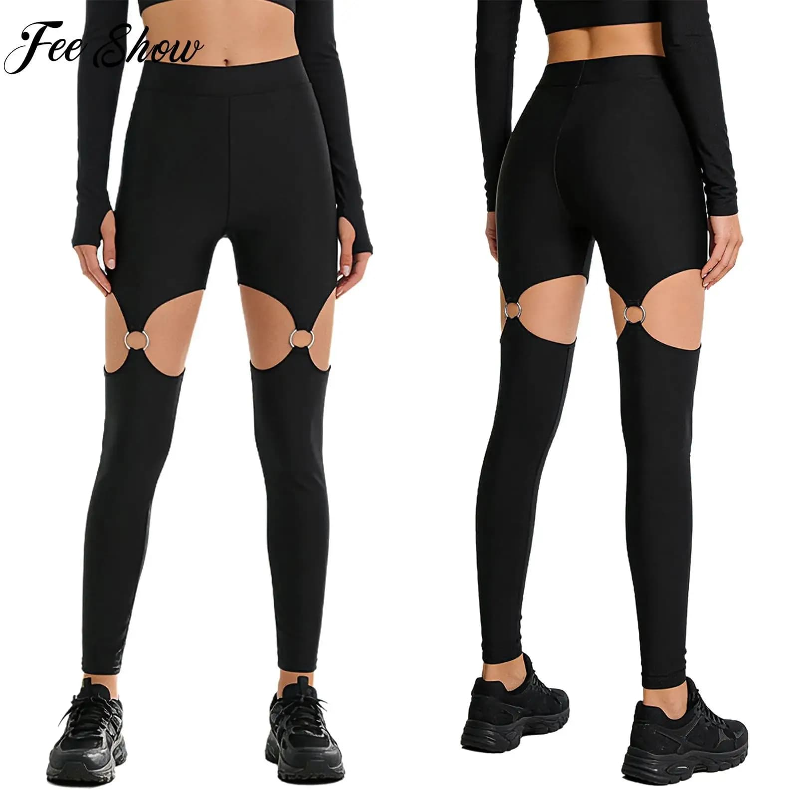 Leggings da Donna per Feste e Clubwear con Anello a O, Lucidi, a Vita Alta, Elasticizzati, ad Asciugatura Rapida, Skinny per Palestra, Fitness, Pilates e Allenamento