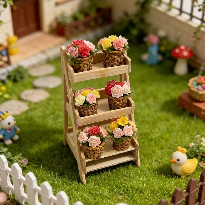 Mini Potted Flowers Miniature Flower Pot Basket Artificial Plant Set for Bedroom Office Dollhouse Scene