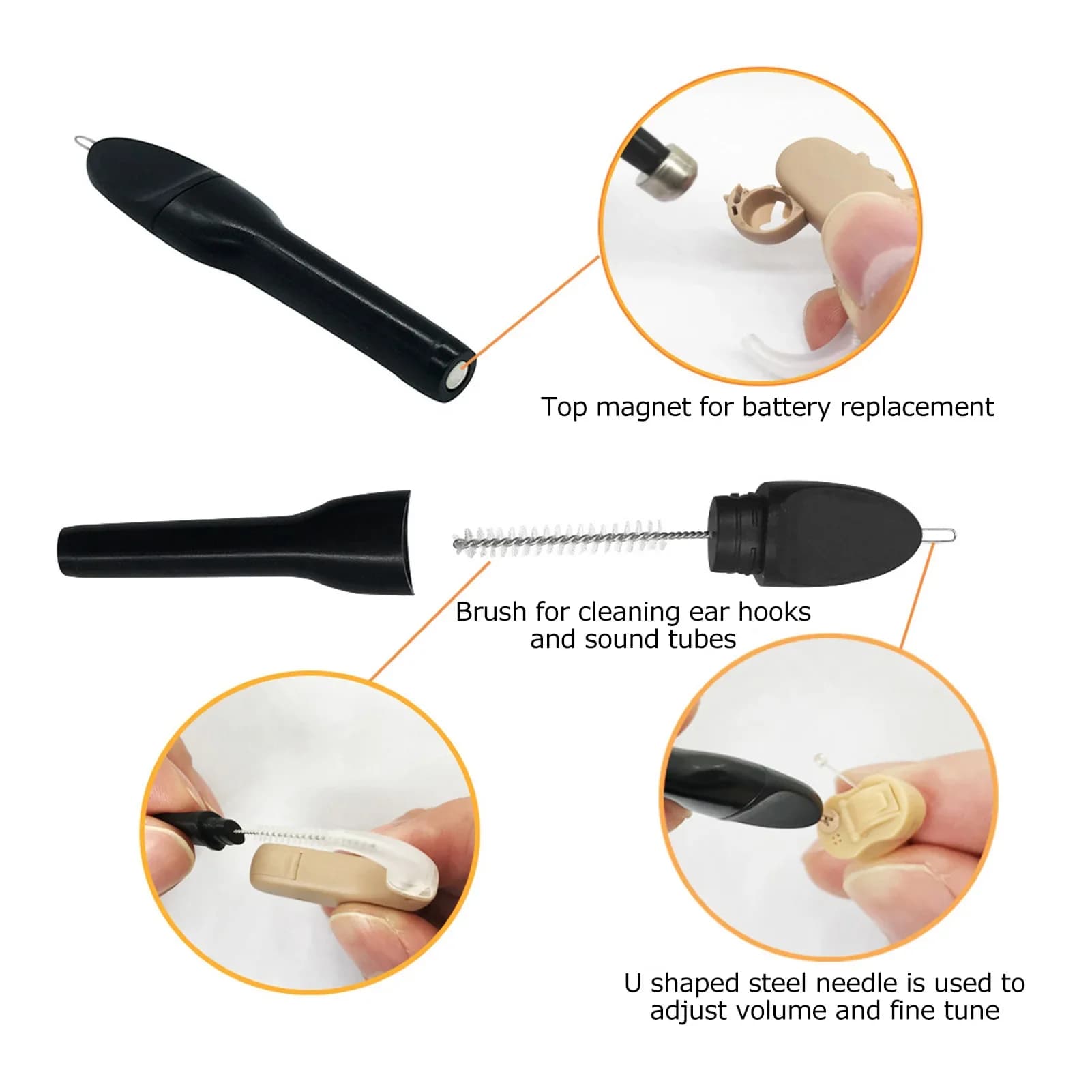 10 pezzi Spazzola per la pulizia dell'apparecchio acustico Spazzole per amplificatori acustici portatili con anello in cera e magnete Accessori per la cura dell'orecchio Apparecchi acustici