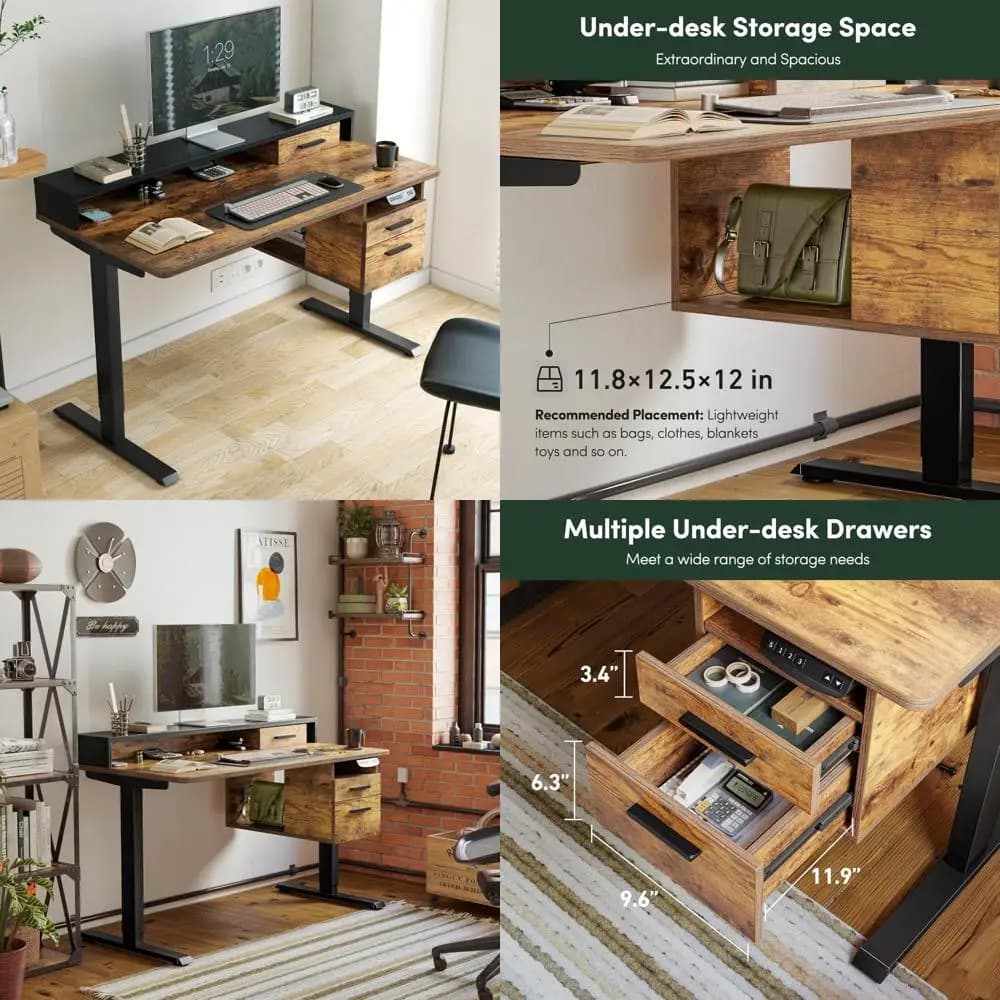 Rustic brown electric desk with monitor shelf, 3 drawers and open space for workstation computer home office, 48" x