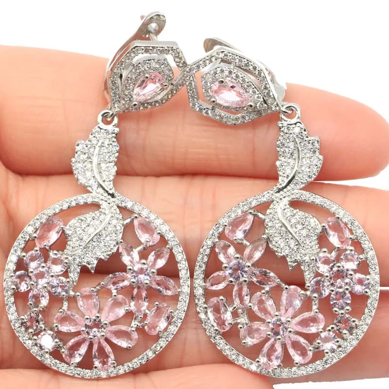 Buy 5 Get 1 Free 56x27mm Eye Catching Pink Kunzite Smoky Topaz White CZ Females Dating Silver Earrings