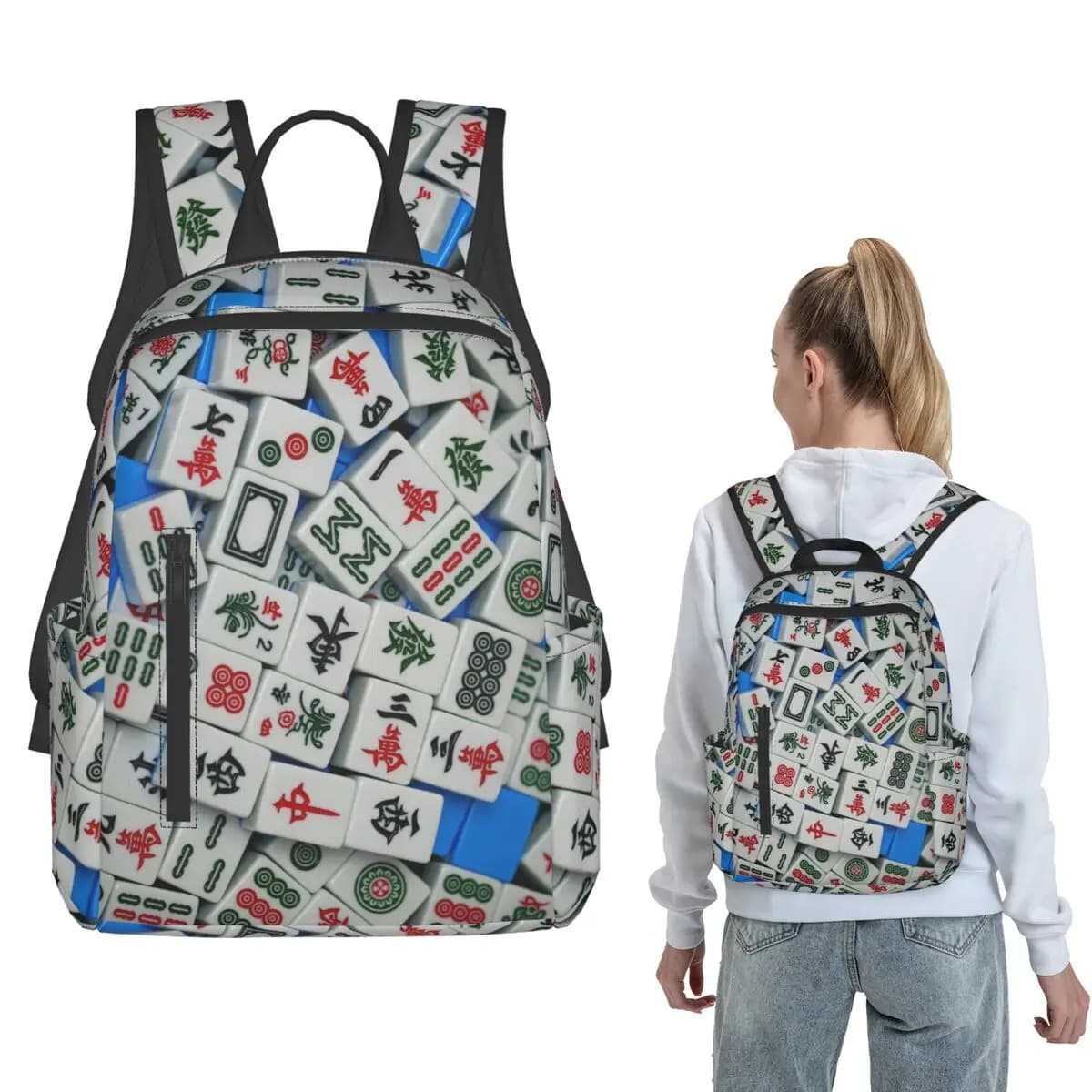 Mahjong Tile Pattern Backpack Large Capacity Boys Girls BookBag School Bag Shoulder Bags for Men Women