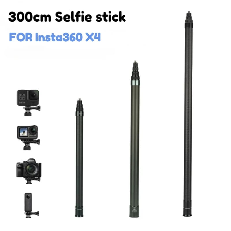 300cm Invisible Selfie Stick for insta 360 x4/x3 GoPro Hero 11 10 9 8 7 DJI OSMO Xiaoyi SJCAM Eke Carbon fibre Telescoping Pole