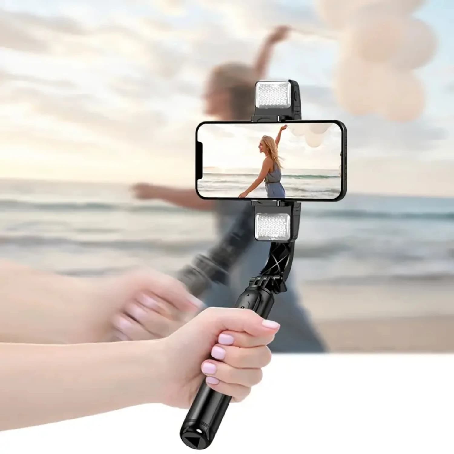 Stabilizzatore cardanico rotante portatile con selfie stick, doppia luce e treppiede per iPhone - Gimble fo telecomandato