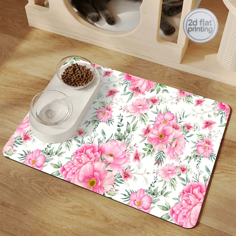 [Tappetino per cibo per cani] Tappetino per cibo per gatti e tappetino per ciotole per cani ad assorbimento rapido con motivo a rose e foglie in acquerello | Tappetino Antiscivolo per l'Alimentazione degli Animali Domestici