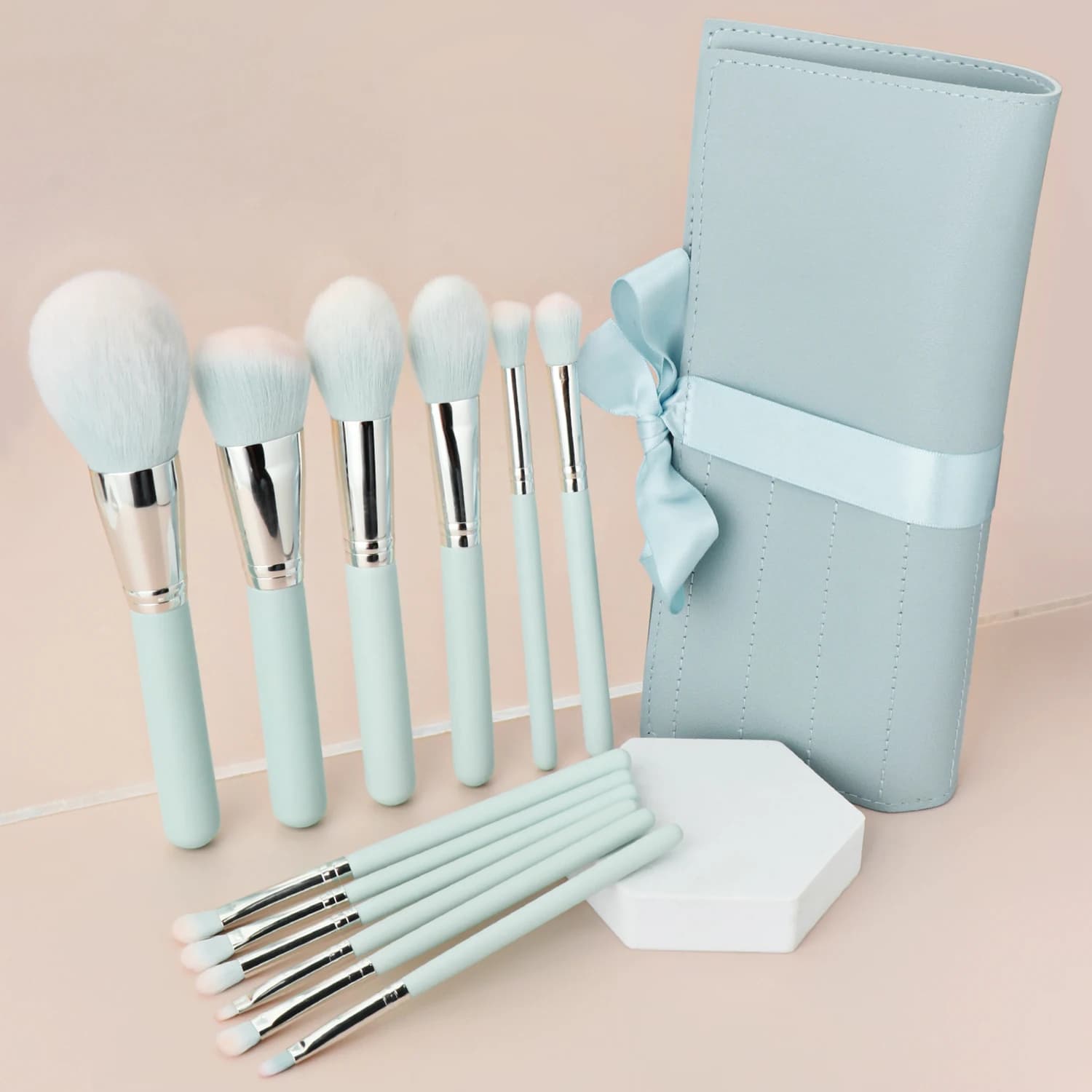12Pcs Light Blue Makeup Brush Set With Storage Bag For Face Eye Foundation Eyeshadow