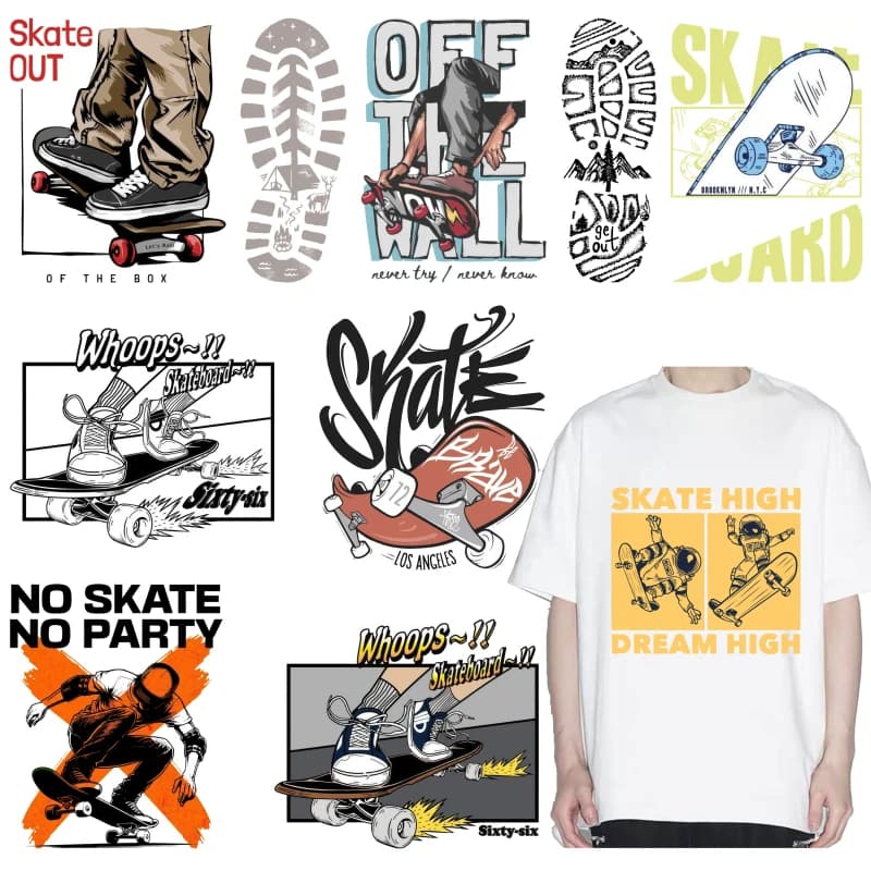 personality skateboard themed clothing printed stickers DTF heat transfer printing ironing patches DIYT shirt canvas bag gifts